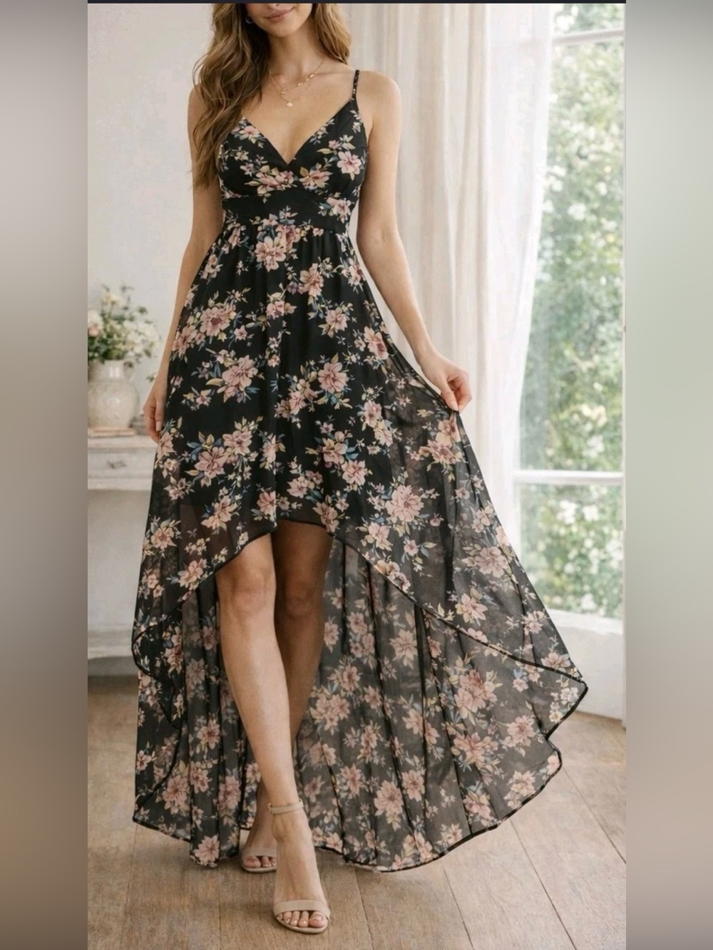 T.J.Maxx Black Floral High-Low V-Neck Dress with Pink Blooms